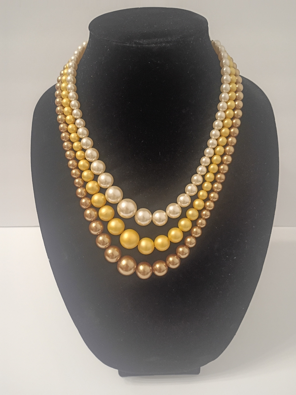 Vintage Japan Triple-Strand Gold & Cream Faux Pearl Necklace Rare